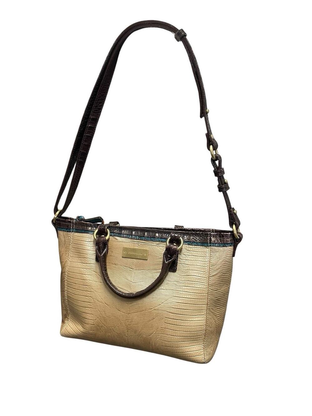 Brahmin Mini Arno Shoulder Bag Purse Shimmering Gold Leather With Green